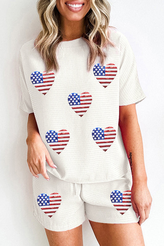 White Sequin American Flag Heart Shape Waffle Knit Shorts Set