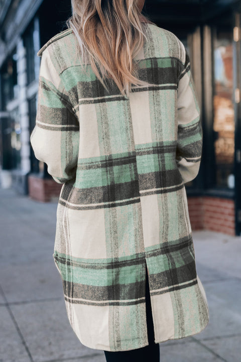 Mint Green Plaid Print Flap Pockets Long Shacket