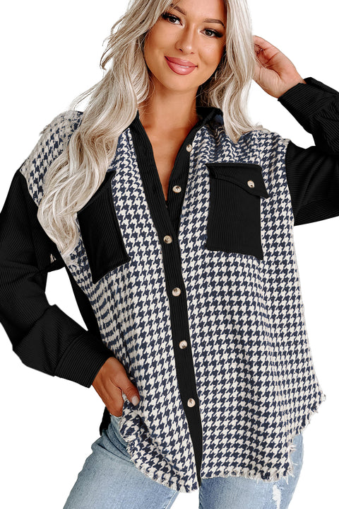 Black Houndstooth Corduroy Patchwork Flap Pocket Shacket