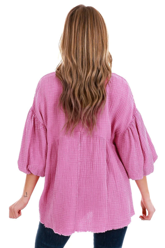 Pink Crinkle Bubble Sleeve Raw Hem Babydoll Blouse