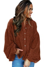 Coffee Textured Corduroy Puff Sleeve Shacket