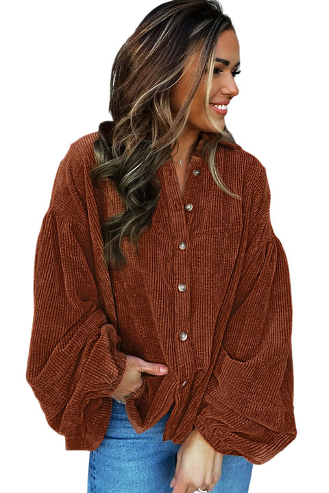 Coffee Textured Corduroy Puff Sleeve Shacket