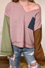 Pink Colorblock Rib Textured Loose Long Sleeve Top