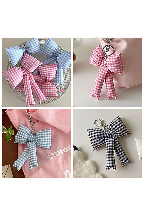 Pink Gingham Puffer Bow Knot Bag Pendant Keychain