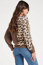 Brown Leopard Splicing Waffle Knit V Neck Top