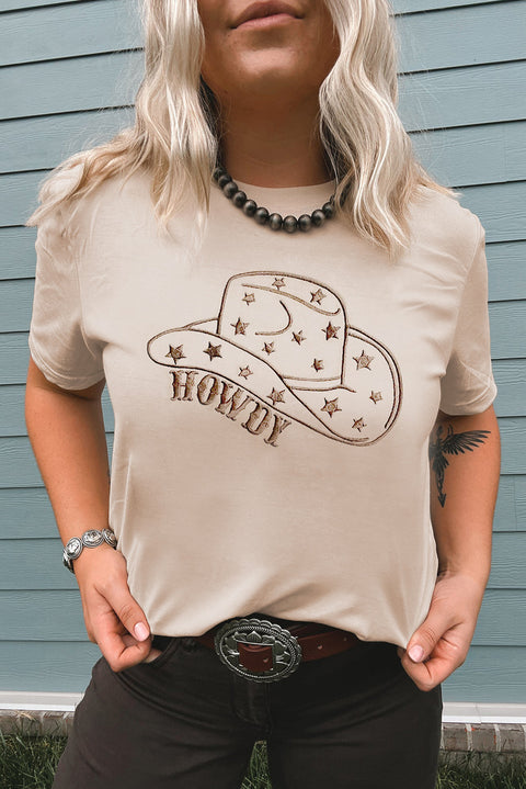 Khaki HOWDY Cowboy Hat Embroidered Graphic Tee