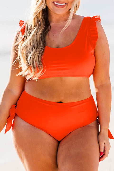 Orange Ruffled Trim Knotted High Waist Plus Size Bikini Set