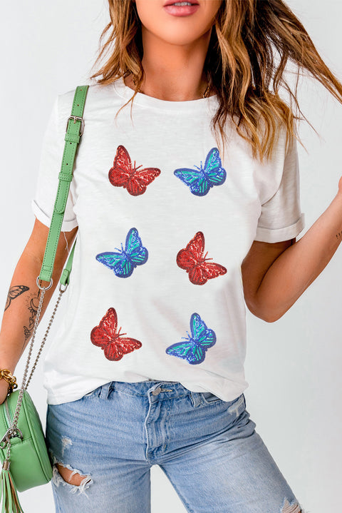 White Sequined Butterfly Graphic Casual T Shirt