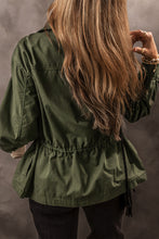 Moss Green Snap Button Zipper Tight Waist Collared Jacket