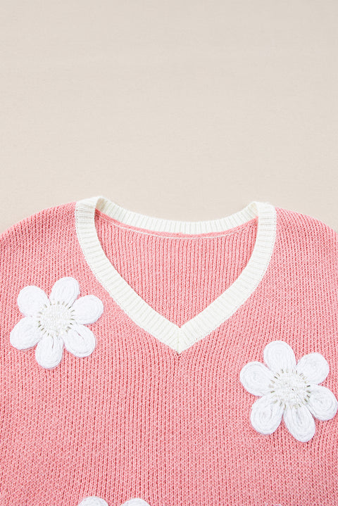 Pink Flower V Neck Dropped Shoulder Sweater