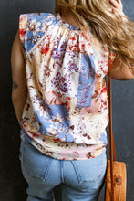 Multicolour Floral Print Split V Neck Lace Trim Cap Sleeve Blouse