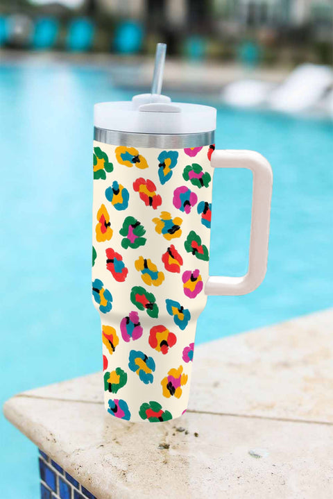 White Multi Color Leopard Print Handle Stainless Tumbler 40oz