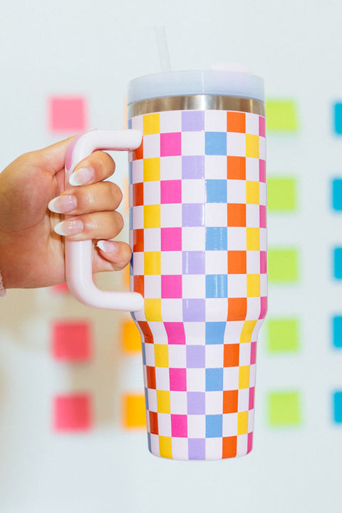 Red Colorful Checkered Print Handle Vacuum Cup 40oz