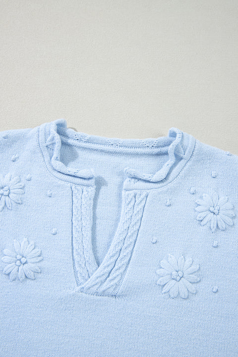 Beau Blue Flower Detail Knitted Notched Neck Sweater