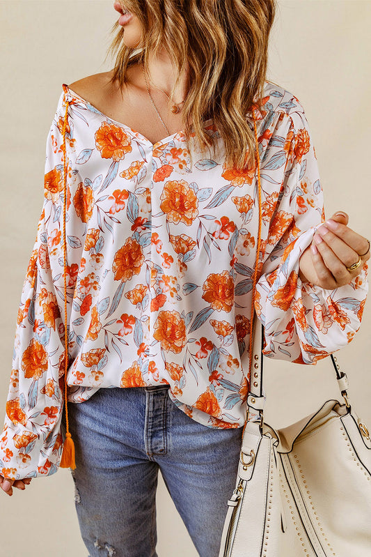 Split V Neck Floral Print Dolman Blouse