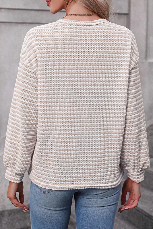 Khaki Stripe Round Neck Drop Shoulder Long Sleeve Top