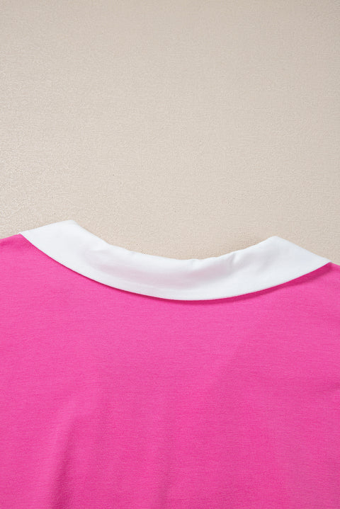 Pink Contrast Trim Collared Split Neck Short Sleeve Plus Size Top