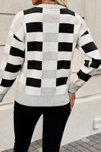 Black Checkered Ribbed Edge O Neck Drop Shoulder Sweater