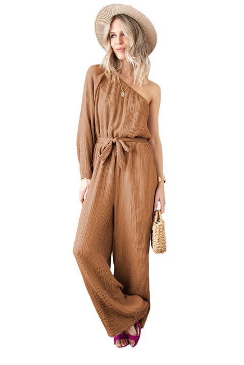 Khaki Crinkled Texture One-shoulder Loose Jumpsuit