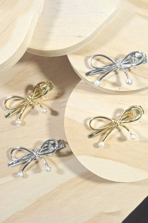 Gold Bow Knot Pearl Decor Plated Alloy Hair Clip