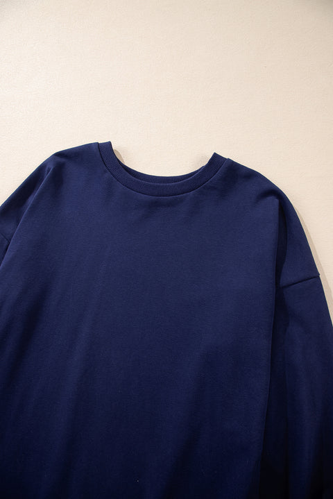 Navy Blue Solid O Neck High Low Hem Pullover Sweatshirt