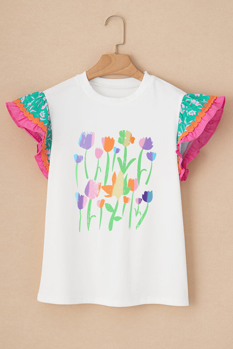 White Floral Print Ruffled Flutter Sleeve T Shirt