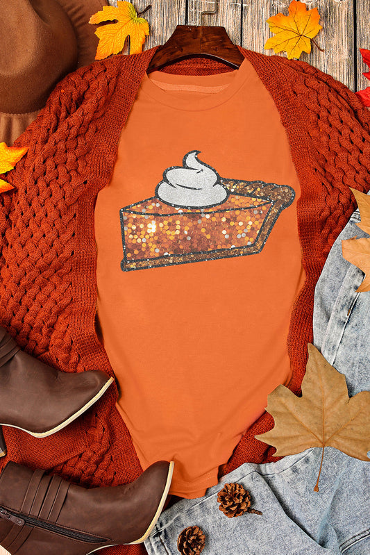 Orange Pumpkin Pie Graphic Cuffed Sleeve Crew Neck Tee