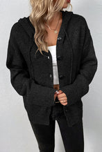 Black Drawstring Hooded Button Up Drop Shoulder Sweater Cardigan