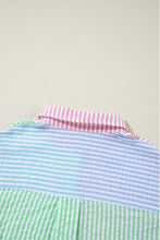 Pink Stripe Color Block Balloon Sleeve Buttoned Loose Fit Shirt