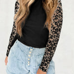 Black Floral Lace Patchwork Long Sleeve High Neck Slim Top