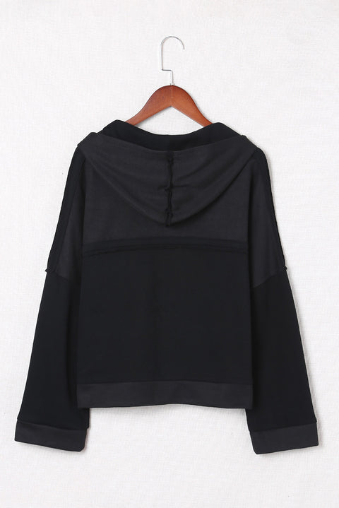 Casual Button Solid Patchwork Trim Hoodie