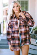 Red Oversized Flap Pockets Plaid Shacket with Slits