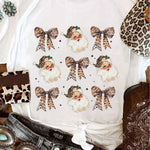 White Santa Claus Leopard Bow Print Crew Neck Casual T Shirt