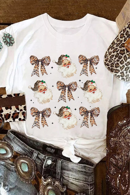 White Santa Claus Leopard Bow Print Crew Neck Casual T Shirt