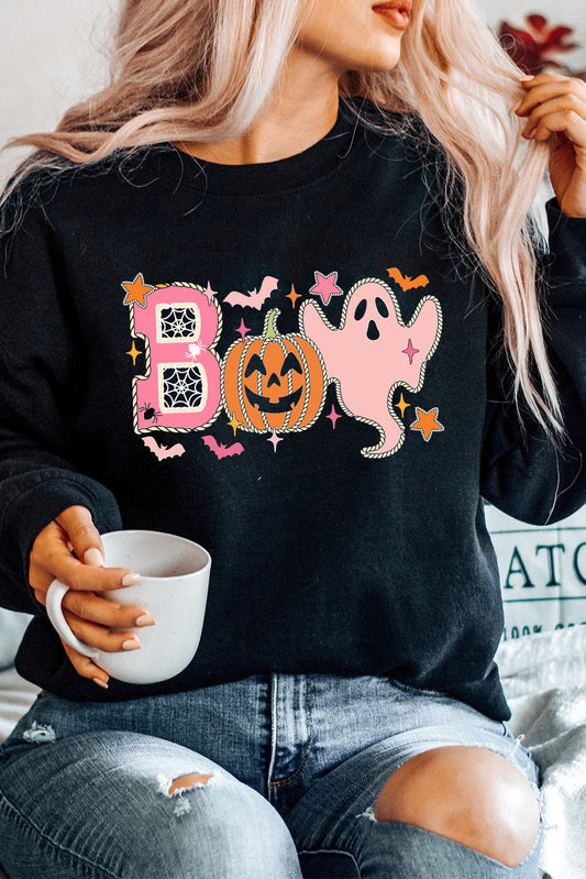 Black BOO Pumpkin Ghost Print Crew Neck Halloween Sweatshirt