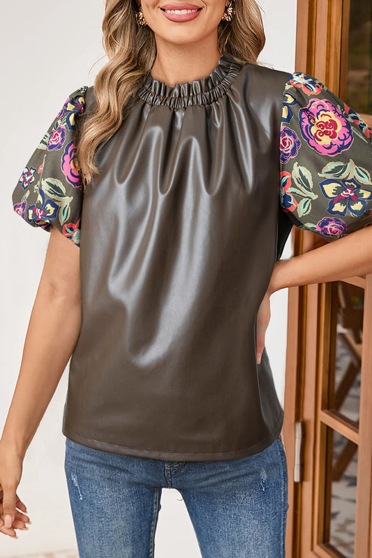 Four Leaf Clover Floral Bubble Sleeve Patchwork Leatherette Frilled Round Neck Blouse