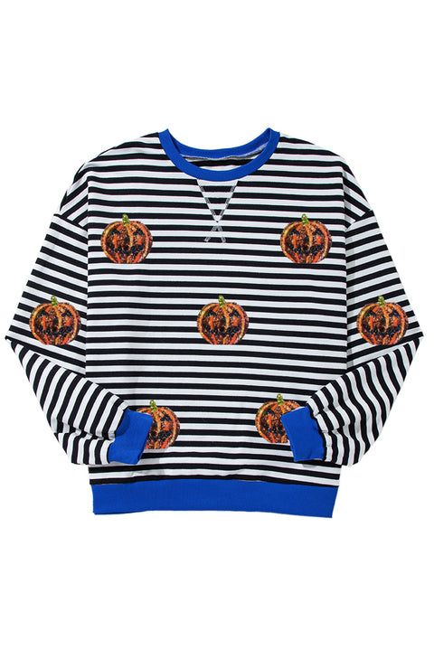 Black Stripe Funny Halloween Pumpkin Face Pattern Oversize Sweatshirt