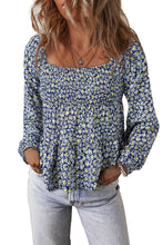 Blue Boho Floral Print Smocked Square Neck Loose Fit Blouse