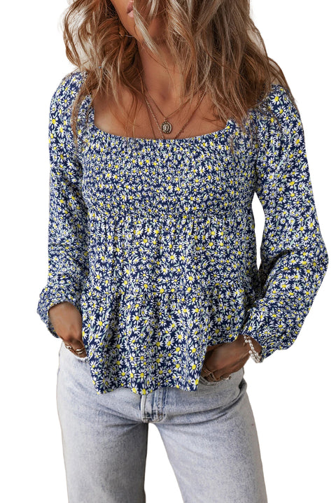 Blue Boho Floral Print Smocked Square Neck Loose Fit Blouse