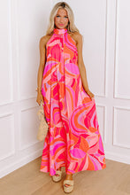 Rose Abstract Printed High Neck Knotted Nape Sleeveless Maxi Dress