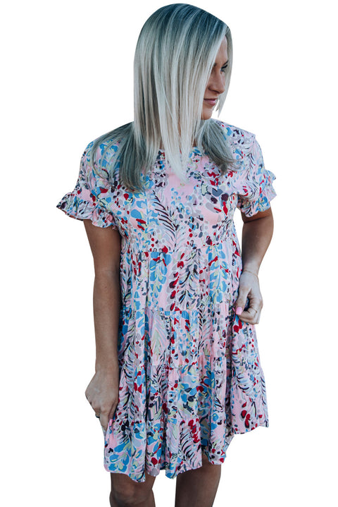 Short Sleeves Floral Print Tiered Ruffled Dress