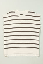 Brown Stripe Side Slits Crewneck Short Sleeve Sweater Tee