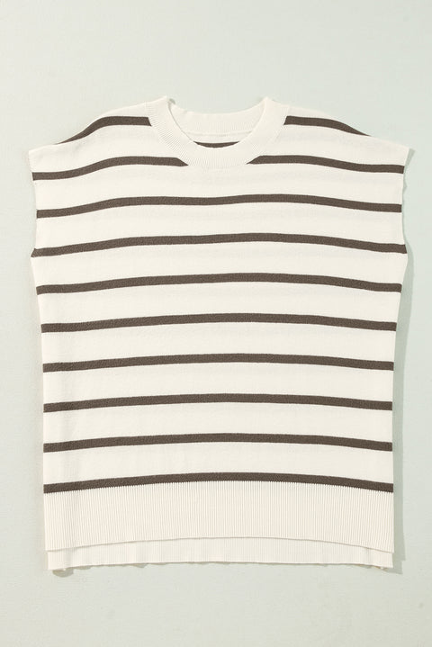 Brown Stripe Side Slits Crewneck Short Sleeve Sweater Tee