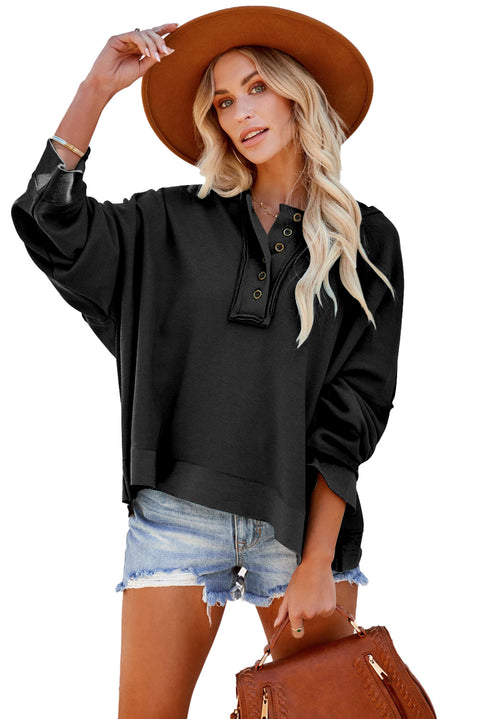 Casual Button Solid Patchwork Trim Hoodie