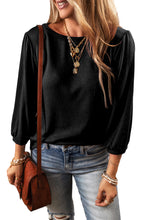 Black Solid Color 3/4 Sleeve Round Neck Blouse