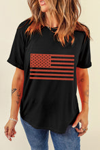 Black Glitter American Flag Round Neck Graphic T Shirt