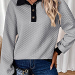 Light Grey Textured Colorblock Edge Buttoned Collar Sweatshirt