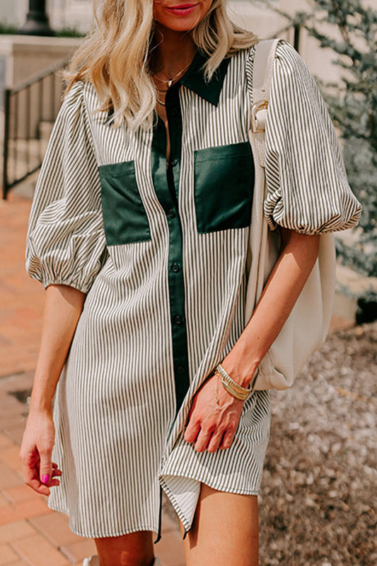 Green Patch Pockets Button Down Short Puff Sleeve Dress