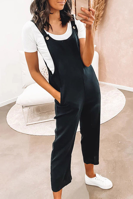 Button Straps Pocketed Cropped Jumpsuit