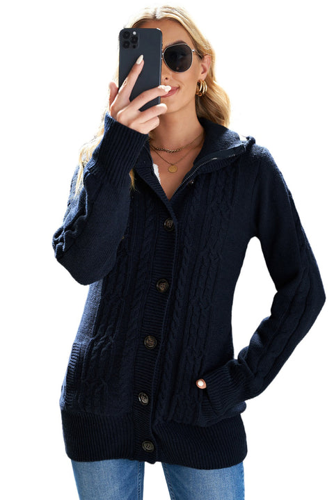 Navy Blue Long Sleeve Button-up Hooded Cardigans